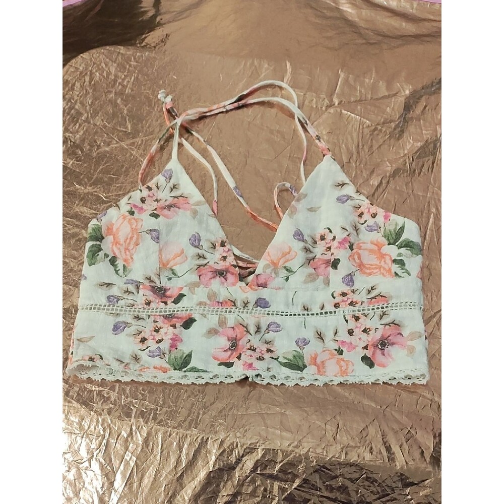 Zara White Floral Lace-Trim Cropped Halter with Pink, Green & Purple Accents